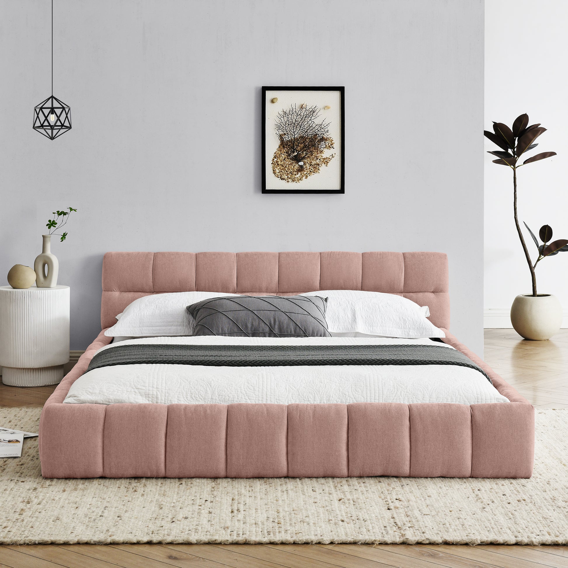 Queen Size Upholstered Bed Frame with Thick Fabric, Chenille Fabric Grounded Queen Size Platform Bed with Headboard and Solid Frame. No Box Spring Needed, PINK(68''*86.5''*23.5'') image 3