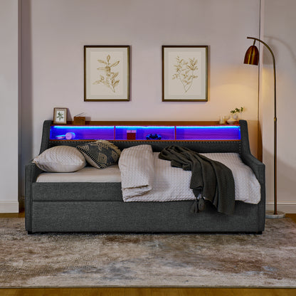 Twin Size Upholstery Sofa Bed with Three LED lights, with Storage Adjustable Headboard, with Foldable Leg Pull up Trundle Bed and Wireless Charging, Linen Padded Sofa Bed frame, Grey image 3