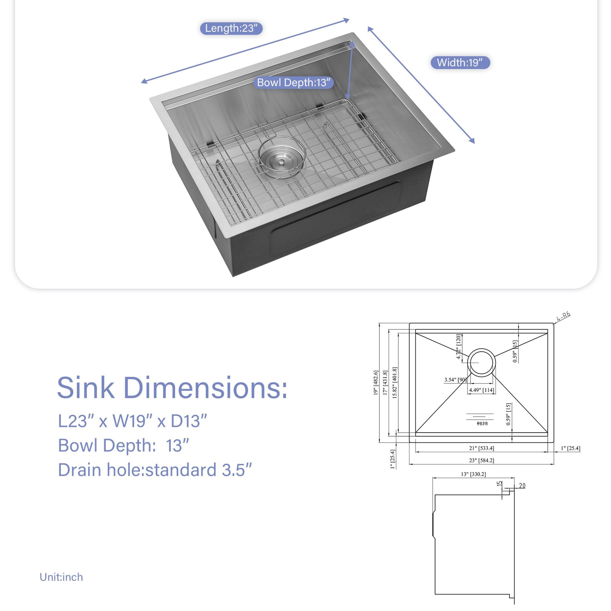 23 in. * 19 in. Undermount Single Bowl T304 Stainless Steel Ledge Workstation Laundry Utility Sink Basin image 3