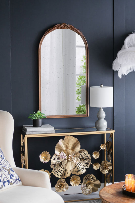 Hand carved rose antique mirror frame arched wood design brown