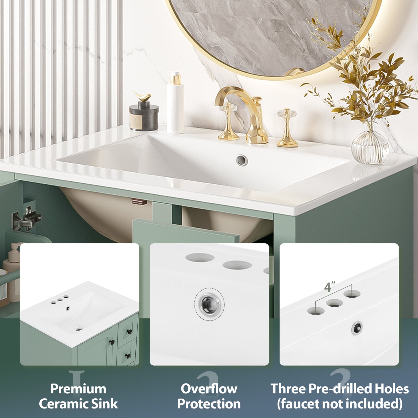 24-inch light green bathroom vanity with an integrated ceramic basin, featuring a door-mounted double-layer shelf, soft-close drawers, and a soft-close cabinet door image 6