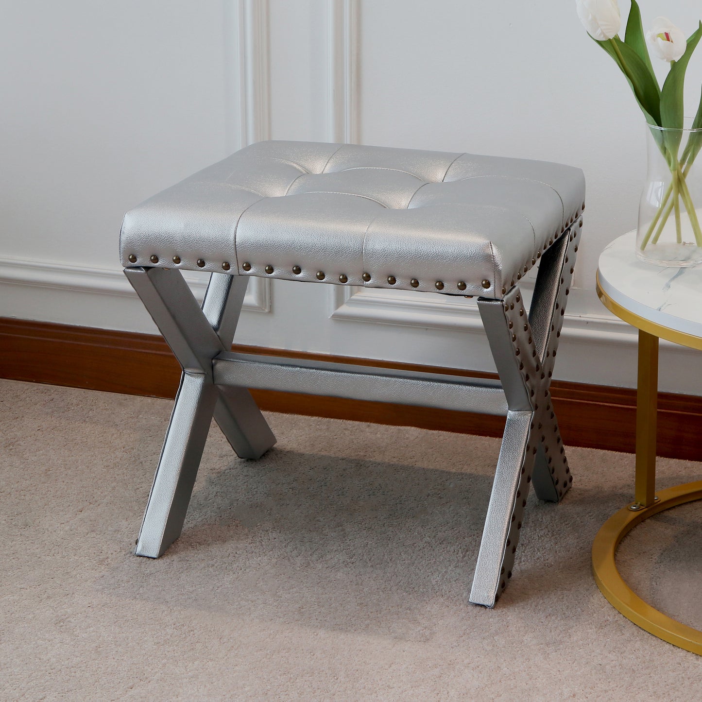 Accent Stool, Tufted Linen Upholstered Chair, X-Base Wood Seat with Nailhead Trim, 17"D x 19"W x 17"H, 300 lbs Capacity image 2