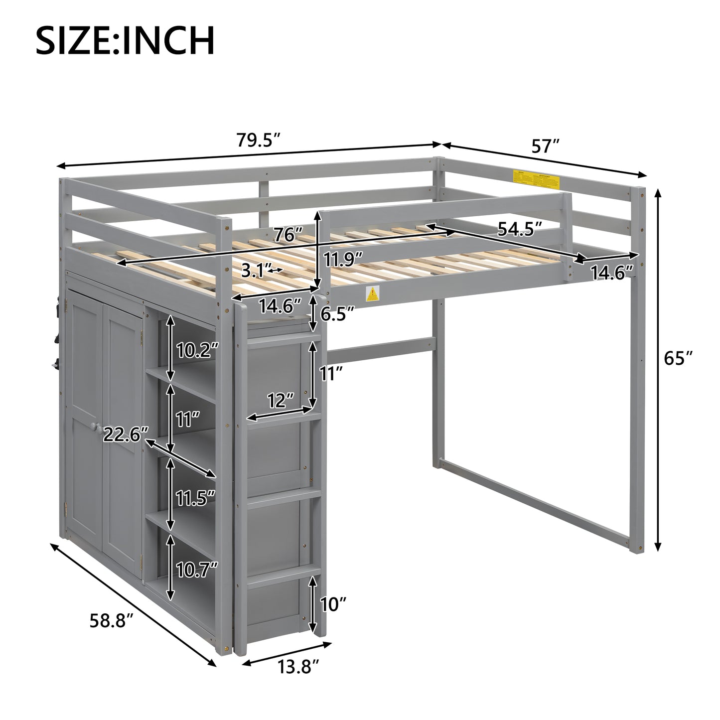 Wood Full Size Loft Bed with Built-in Wardrobe and Storage Shelves, Led light, Gray image 7