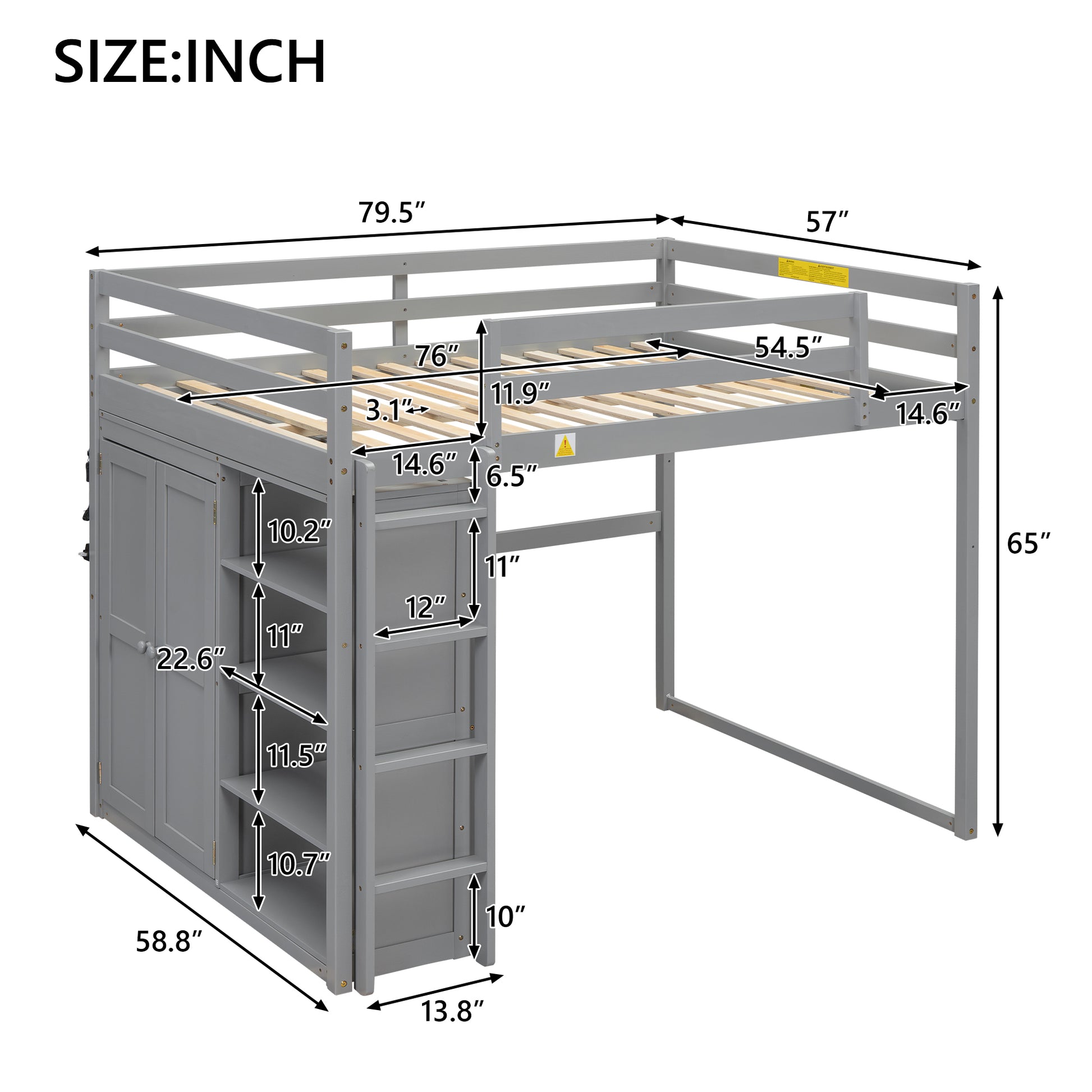 Wood Full Size Loft Bed with Built-in Wardrobe and Storage Shelves, Led light, Gray image 7
