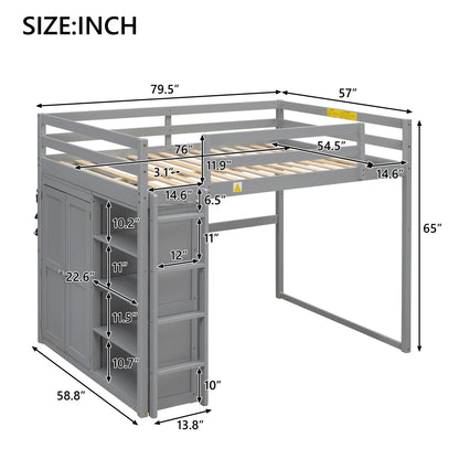 Wood Full Size Loft Bed with Built-in Wardrobe and Storage Shelves, Led light, Gray image 7