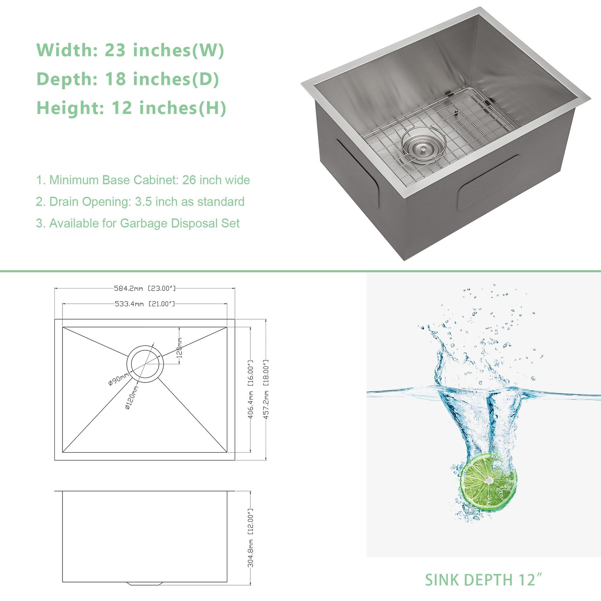 23"*18" Undermount 16-Gauge T304 Stainless Steel Deep Single Bowl Laundry Utility Sink Basin with bottom grid and draine image 5