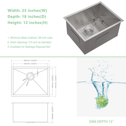 23"*18" Undermount 16-Gauge T304 Stainless Steel Deep Single Bowl Laundry Utility Sink Basin with bottom grid and draine image 5