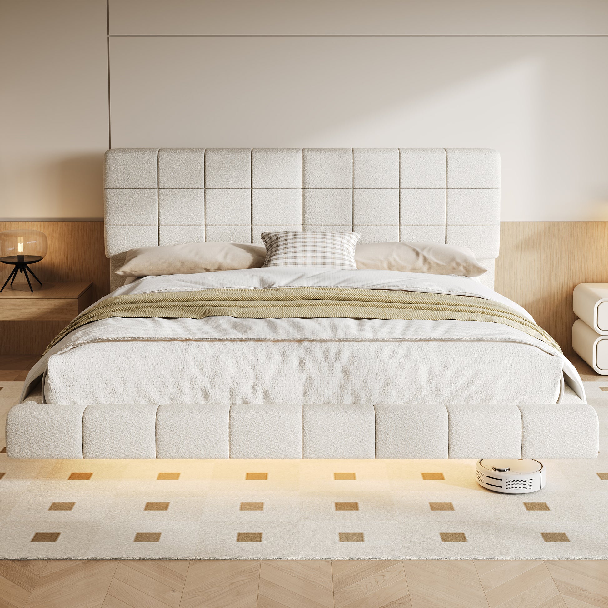 White Boucle Floating Bed with Light,King image 12