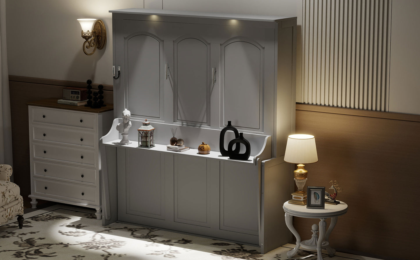 Queen Size Murphy Bed with Desk,LED Lights and USB Charging Station,Gray image 6