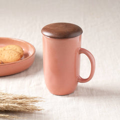 13.5 OZ Ceramic Peach Coffee Mug with Wooden Lid – Elegant & Functional Drinkware