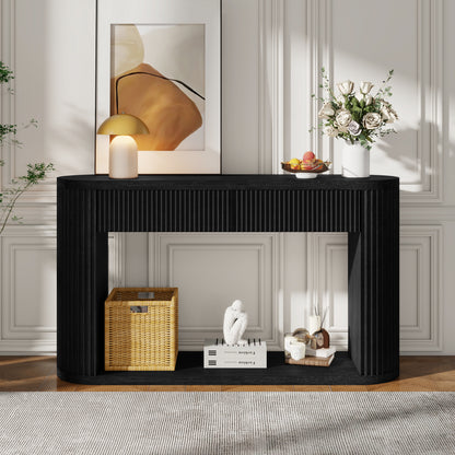 TREXM Oval Fluted Console Table with 2 Drawers and Bottom Shelf, Wood Entryway Table with Smooth Metal Slides for Living Room, Entryway (Black) image 8