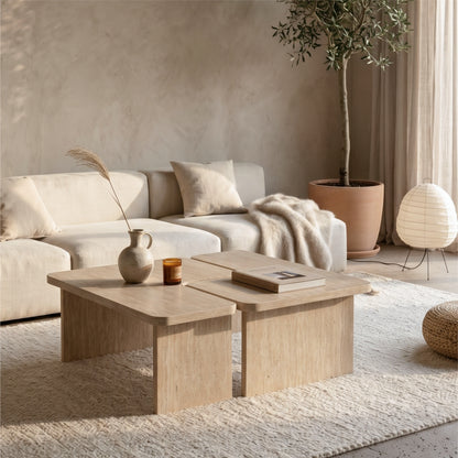 Modular Travertine Coffee Table Set of 2, Nesting L-Shaped Puzzle Center Table, Separable Side Corner Table for Apartment Small Spaces & Living Room,Cream Beige image 1