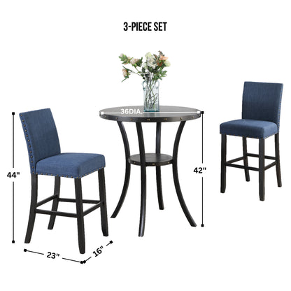 Biony 3-Piece 36" Round Espresso Finish Bar Table with 2 Blue Fabric Nail Head Pub Chairs image 12