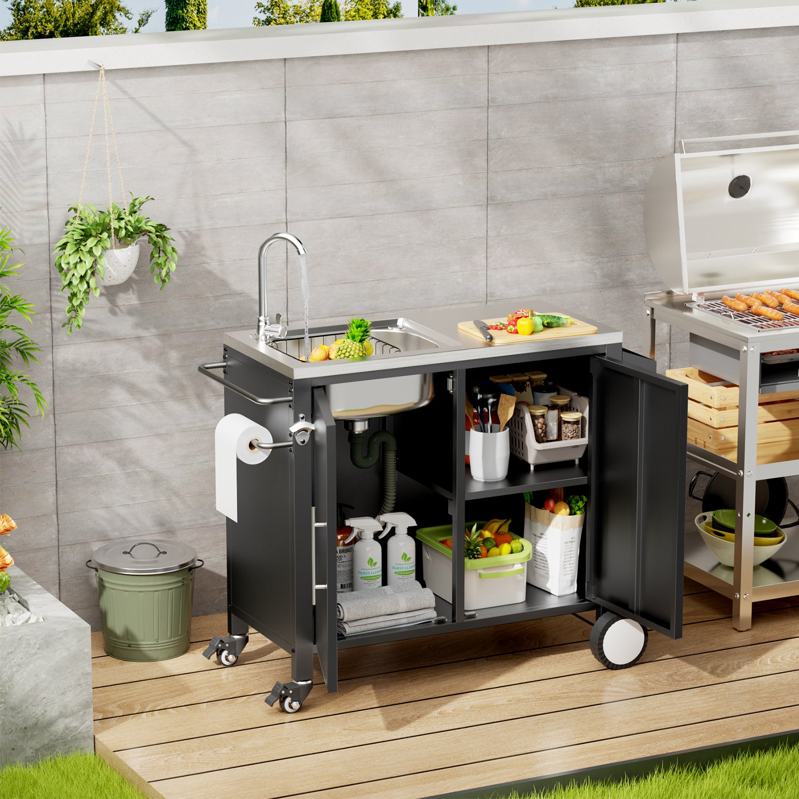 Outdoor Grill Table with Sink, Grill Cart with 304 Stainless Steel Sink and Cabinet, Outdoor Grill Cart,Outdoor Cart Sink Station with Wheels, L38" x W18" x H35" image 4