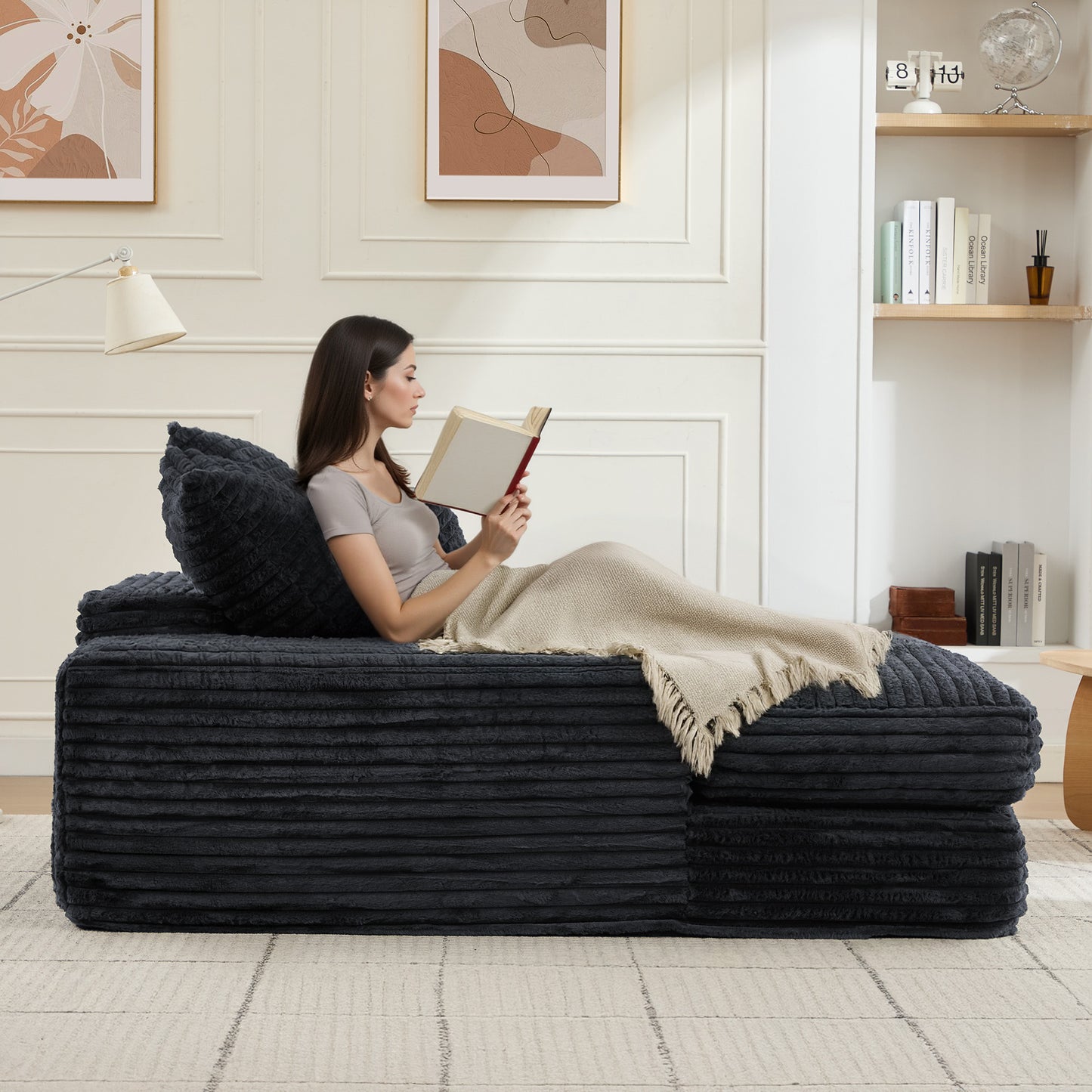 012-Luxury Corduroy Convertible Chaise Lounge with 4 Pillows, Ultra-Soft Sofa Bed No Assembly Required, Instant Setup Lounge Chair Bed for Living Room, Apartment & Small Spaces,Grey image 11