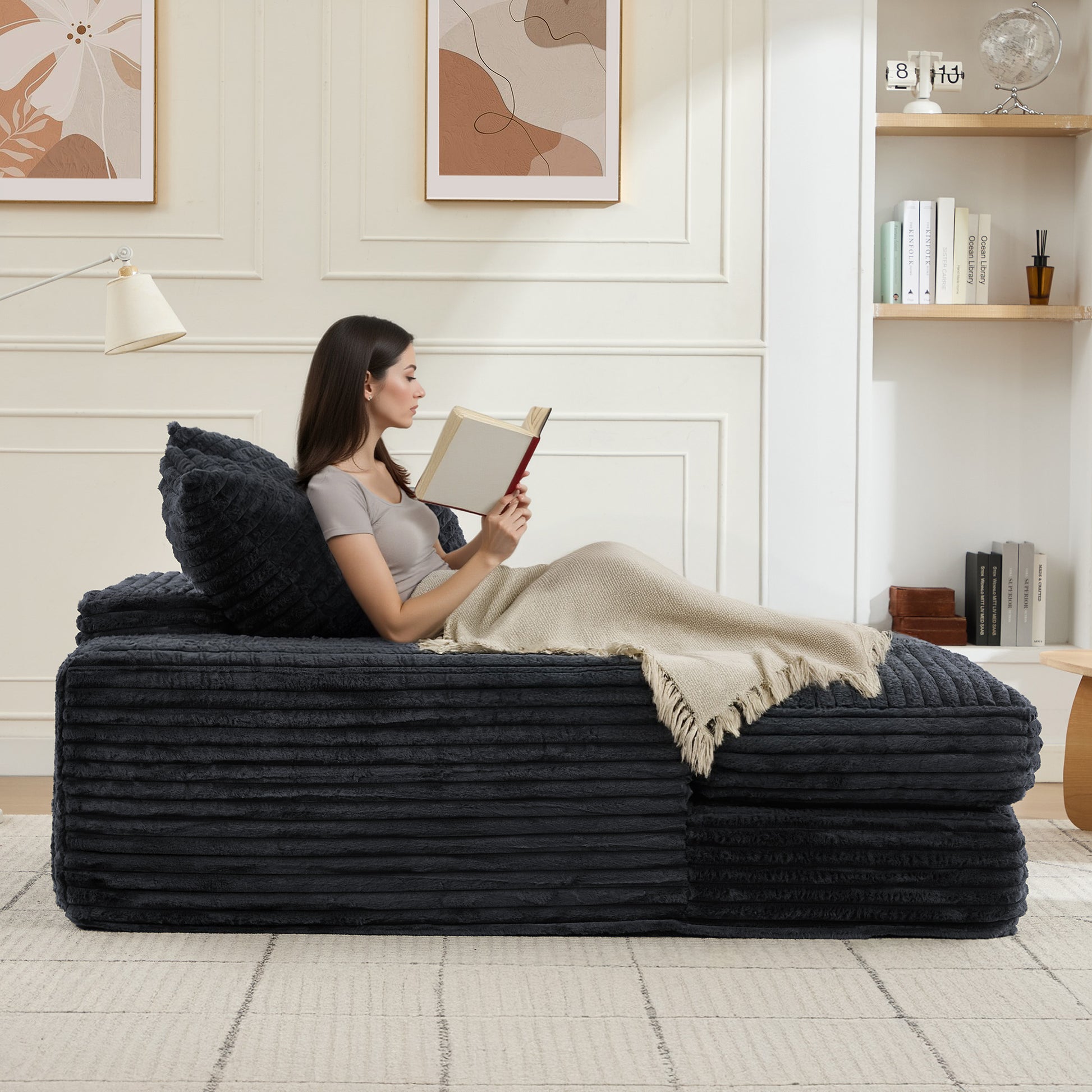 012-Luxury Corduroy Convertible Chaise Lounge with 4 Pillows, Ultra-Soft Sofa Bed No Assembly Required, Instant Setup Lounge Chair Bed for Living Room, Apartment & Small Spaces,Grey image 11