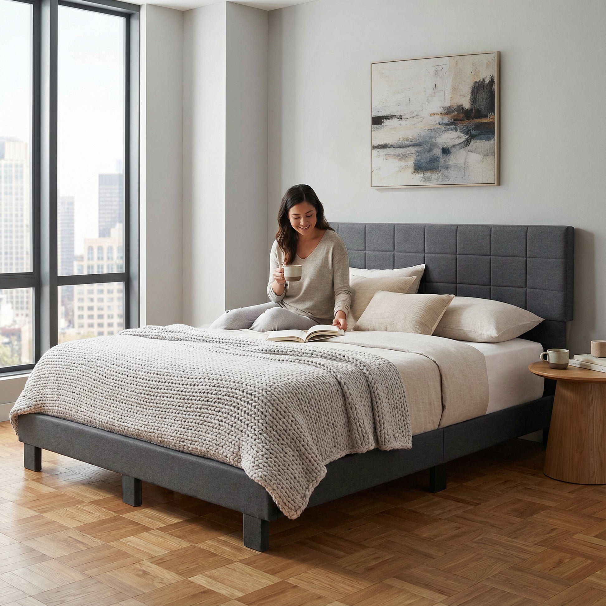 King Size Platform Bed Frame, Upholstered Tufted Headboard with Solid Wood Slats Support, Adjustable Height: 39.57～43.5 Inches, Dark Gray image 3