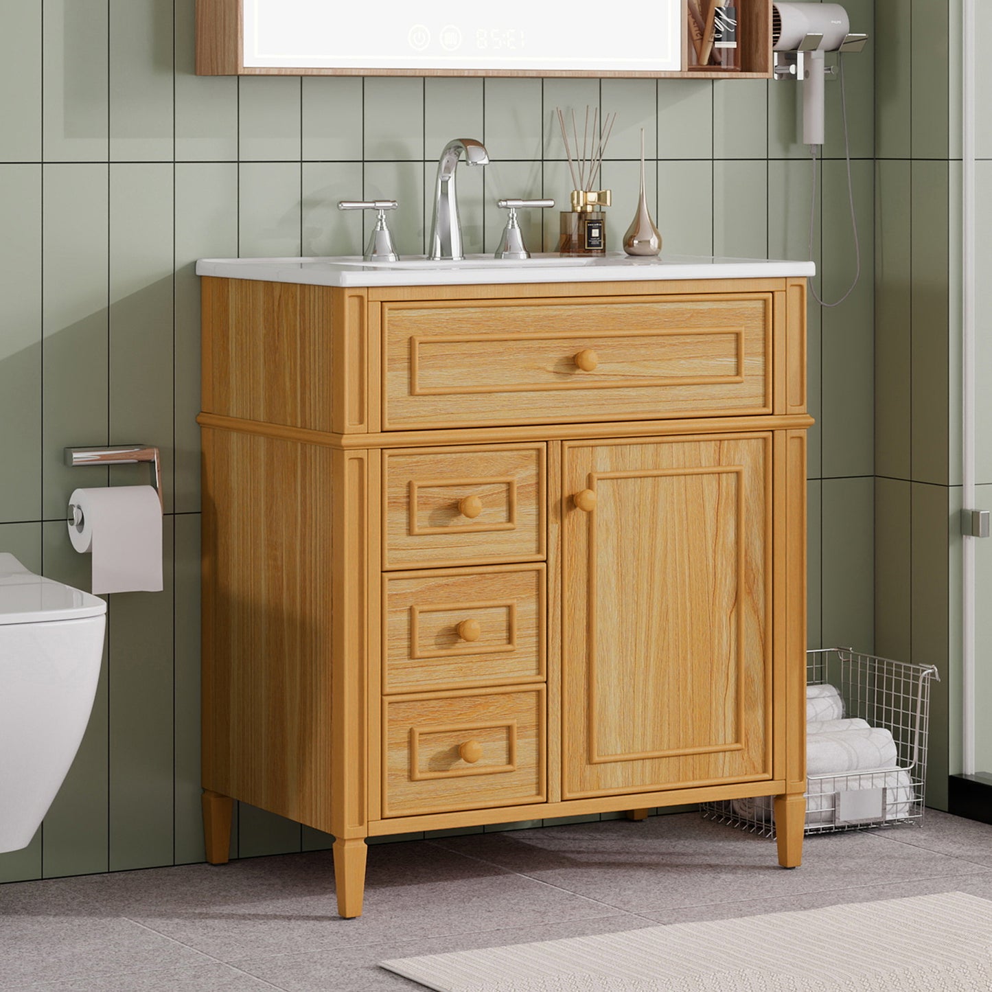 30" Bathroom Vanity with Sink, Wood Vanity Cabinet with Flip-Out Drawer, 2 Soft-Close Drawers, 1 Soft-Close Door, Solid Wood & MDF, Elegant Wood Handles image 1