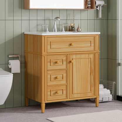 30" Bathroom Vanity with Sink, Wood Vanity Cabinet with Flip-Out Drawer, 2 Soft-Close Drawers, 1 Soft-Close Door, Solid Wood & MDF, Elegant Wood Handles image 1
