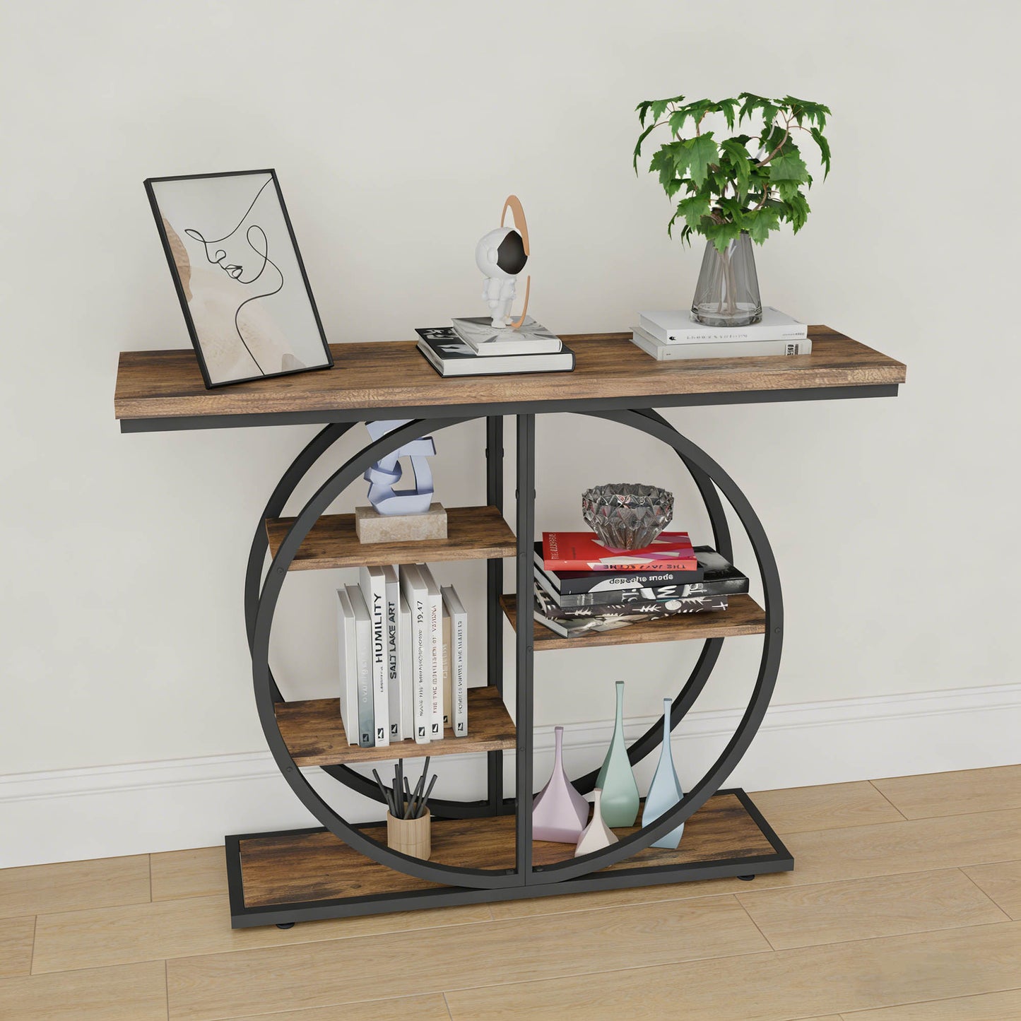 41.3 Inch Industrial Console Table for Entryway, Narrow Sofa Table with Storage Shelves & Circle Base, Rustic Brown Accent Furniture for Hallway, Foyer, Entrance, Living Room image 6