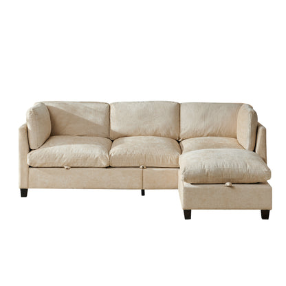 96.5" Sectional Couch for Living room, Upholstered Soft Chenille Fabric Sofa, 3-Seater with One Ottoman L Shape Sofa Light Coffee image 10