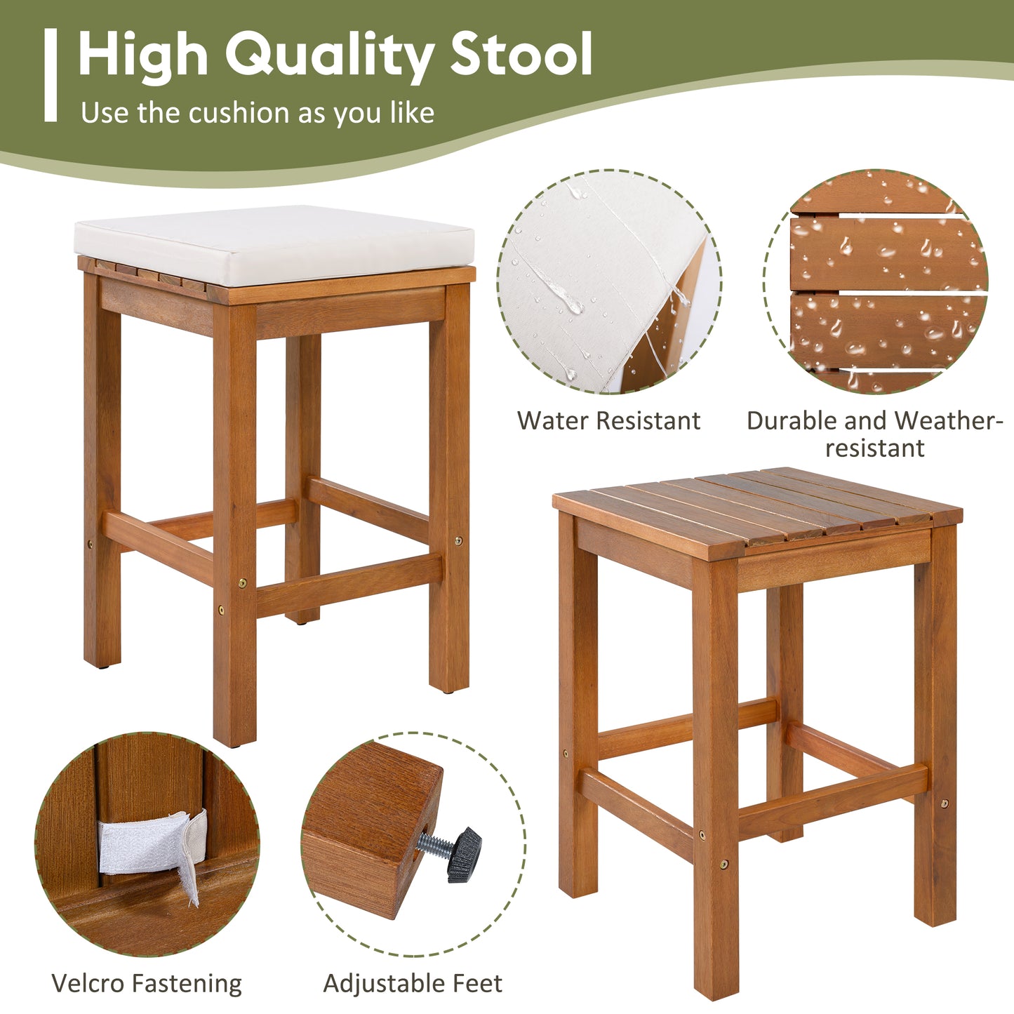 5 Piece Outdoor Bar Set, Patio Acacia Wood Bar Height Table & Four Stools with Cushions, Wood Dining Bar Set for Backyard, Poolside, Balcony, Beige Cushion and Natural Wood image 5