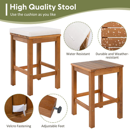 5 Piece Outdoor Bar Set, Patio Acacia Wood Bar Height Table & Four Stools with Cushions, Wood Dining Bar Set for Backyard, Poolside, Balcony, Beige Cushion and Natural Wood image 5