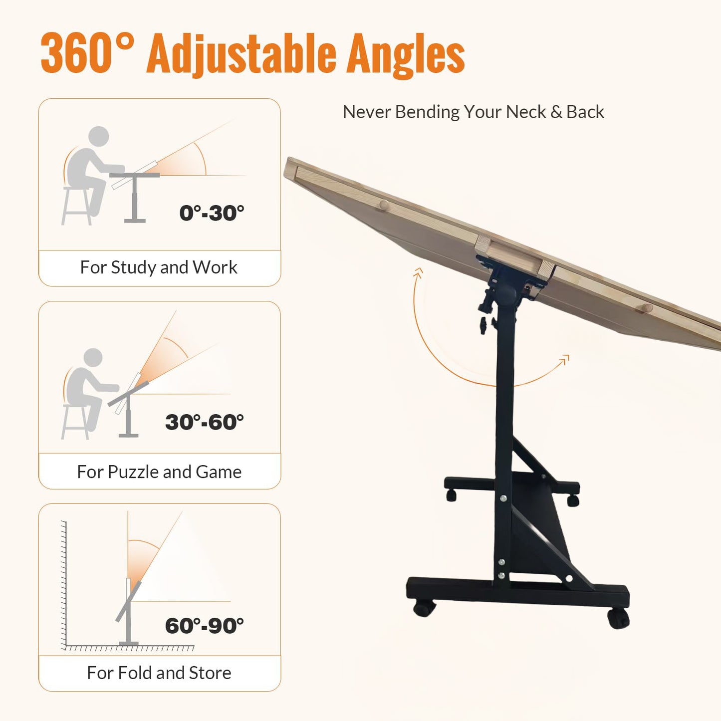 Wooden 1500 Piece Puzzle Table with Drawer, 35"*27.17" Adjustable Puzzle Table, 360° Tilting Puzzle Table with Legs and Wheels, Adjustable Height and Angle, with Protective Cover image 8