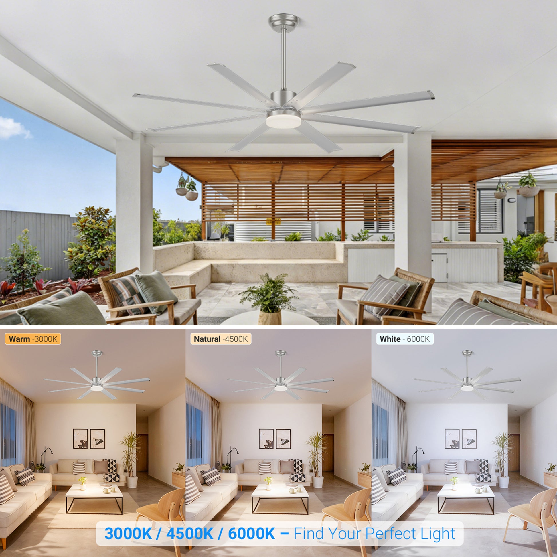 72 INCH Industrial PM DC Motor Ceiling Fan with Light, 8 PCS Aluminum Blades,6-Speed Remote Control, Adjust Height (3 Down rods) Commercial Ceiling Fan For Porch/Garage/Shop-Sliver image 3