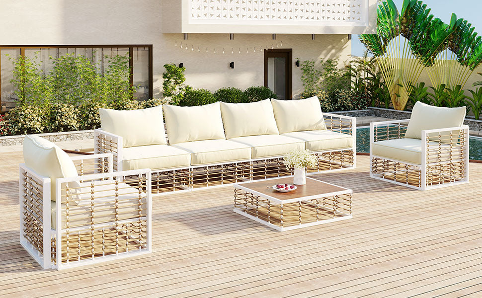 TOPMAX Modern Minimalist 7-Piece Metal Patio Sectional Sofa Set, All-Weather Garden Conversational Furniture Set with Thick Cushions and Coffee Table for Indoor Outdoor, White image 3