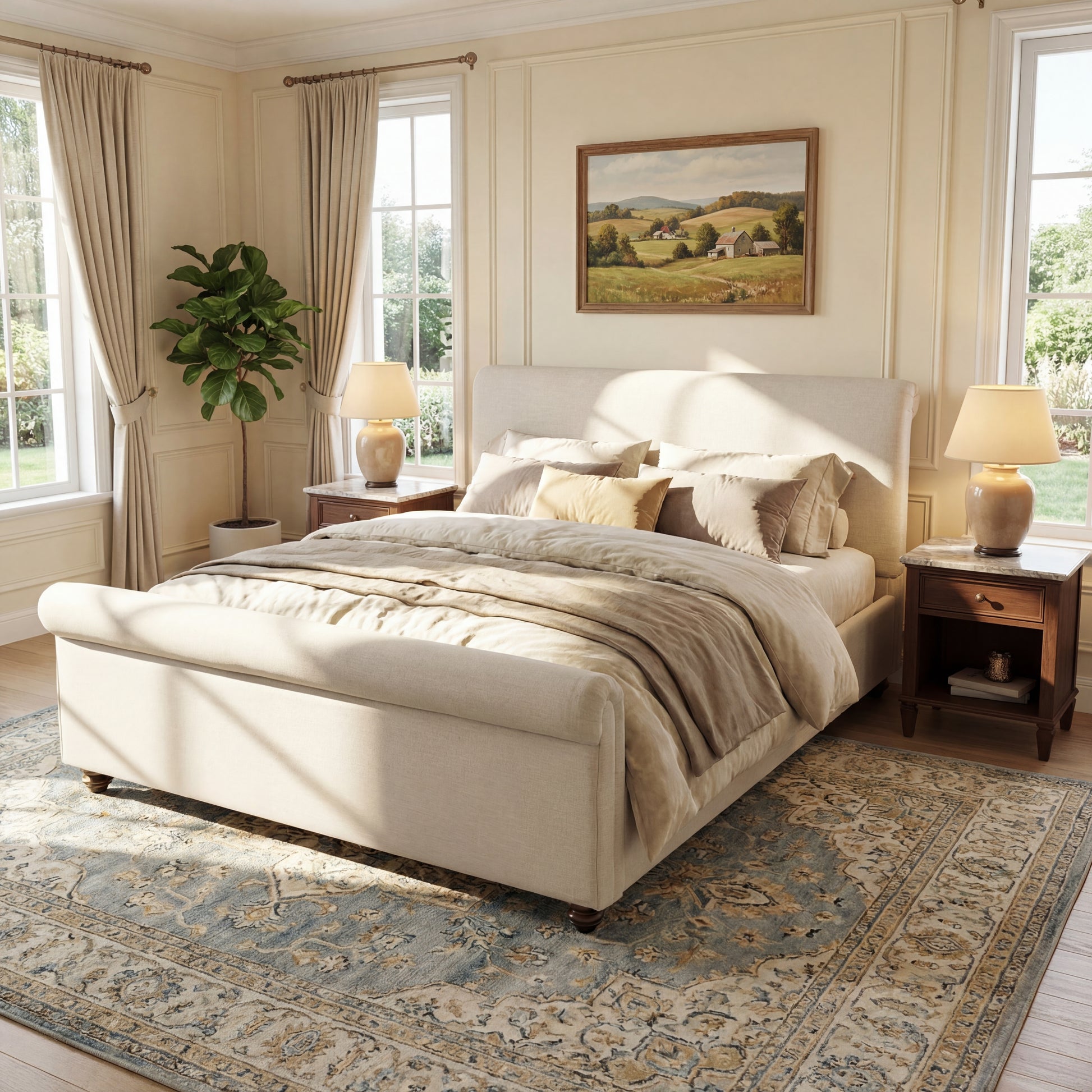 Queen Size Upholstered Bed Frame With Linen Fabric, Thick Headboard And Solid Wood Legs, Beige image 1