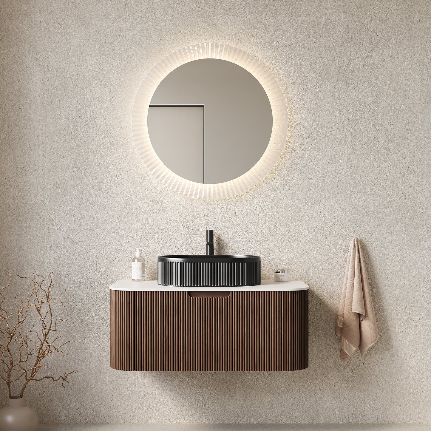 DINA 36" Bathroom Vanity with Sink, Modern Wall-Mounted Curved Edges Striped Bathroom Storage Cabinet with a Drawer, Black Ceramic Vessel Basin, NO Faucet, Pre-assembled, Dark Walnut Woodgrain Color image 1