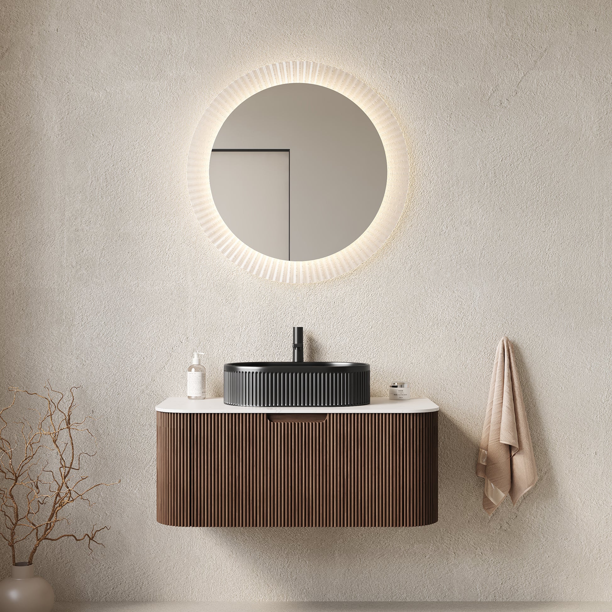 DINA 36" Bathroom Vanity with Sink, Modern Wall-Mounted Curved Edges Striped Bathroom Storage Cabinet with a Drawer, Black Ceramic Vessel Basin, NO Faucet, Pre-assembled, Dark Walnut Woodgrain Color image 1