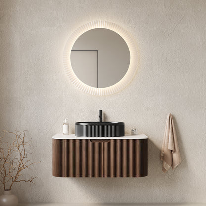 DINA 36" Bathroom Vanity with Sink, Modern Wall-Mounted Curved Edges Striped Bathroom Storage Cabinet with a Drawer, Black Ceramic Vessel Basin, NO Faucet, Pre-assembled, Dark Walnut Woodgrain Color image 1