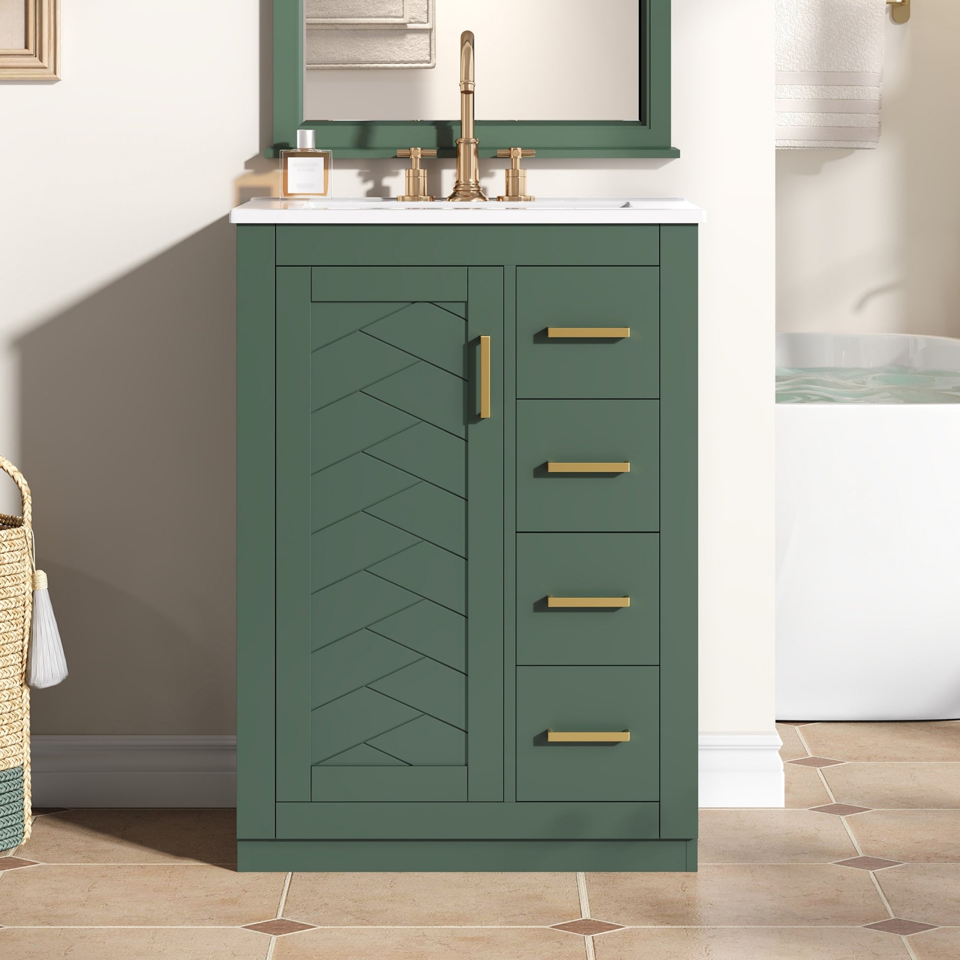 24" Bathroom Vanity with Integrated Ceramic Sink, Bathroom Cabinet with 1 Door, 3 Drawers, Single Sink Bathroom Vanity for Small and Medium Restroom, Green image 3