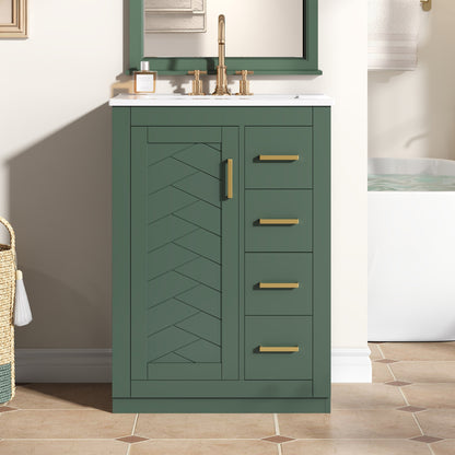 24" Bathroom Vanity with Integrated Ceramic Sink, Bathroom Cabinet with 1 Door, 3 Drawers, Single Sink Bathroom Vanity for Small and Medium Restroom, Green image 3