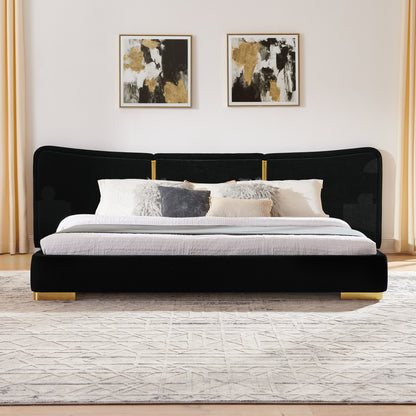 King Size Extra Large Platform Bed, Soft Chenille Fabric Frame, Curved Headboard, Reinforced Electroplated Metal Legs, Flexible DIY Side Space Design-Black image 5