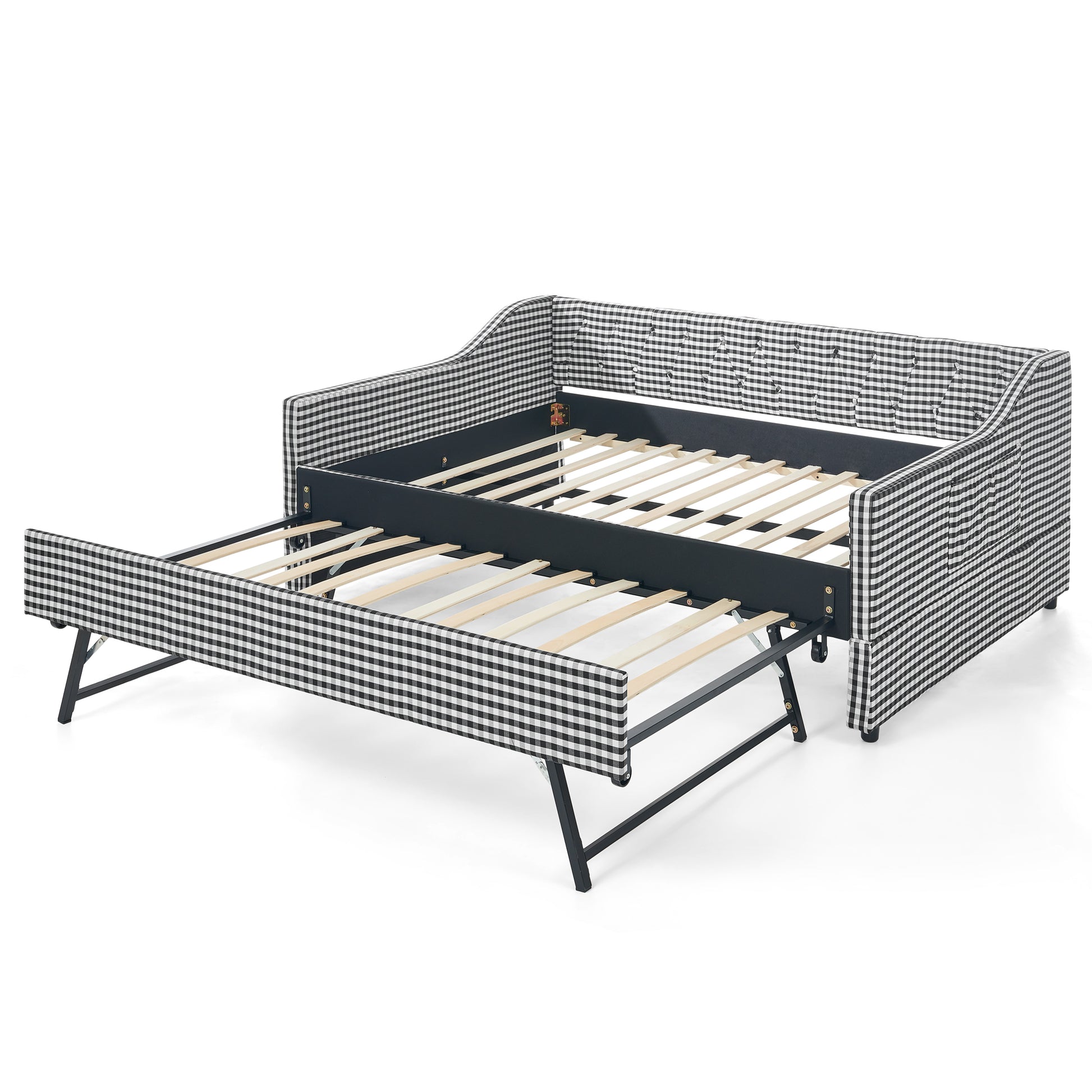 Full‑Size Daybed,Upholstered Convertible Daybed with Tufted Button Backrest, 3‑in‑1 Versatile Sofa Bed with Pull‑Out Trundle & Side Storage, Perfect for Compact Living-Black image 10