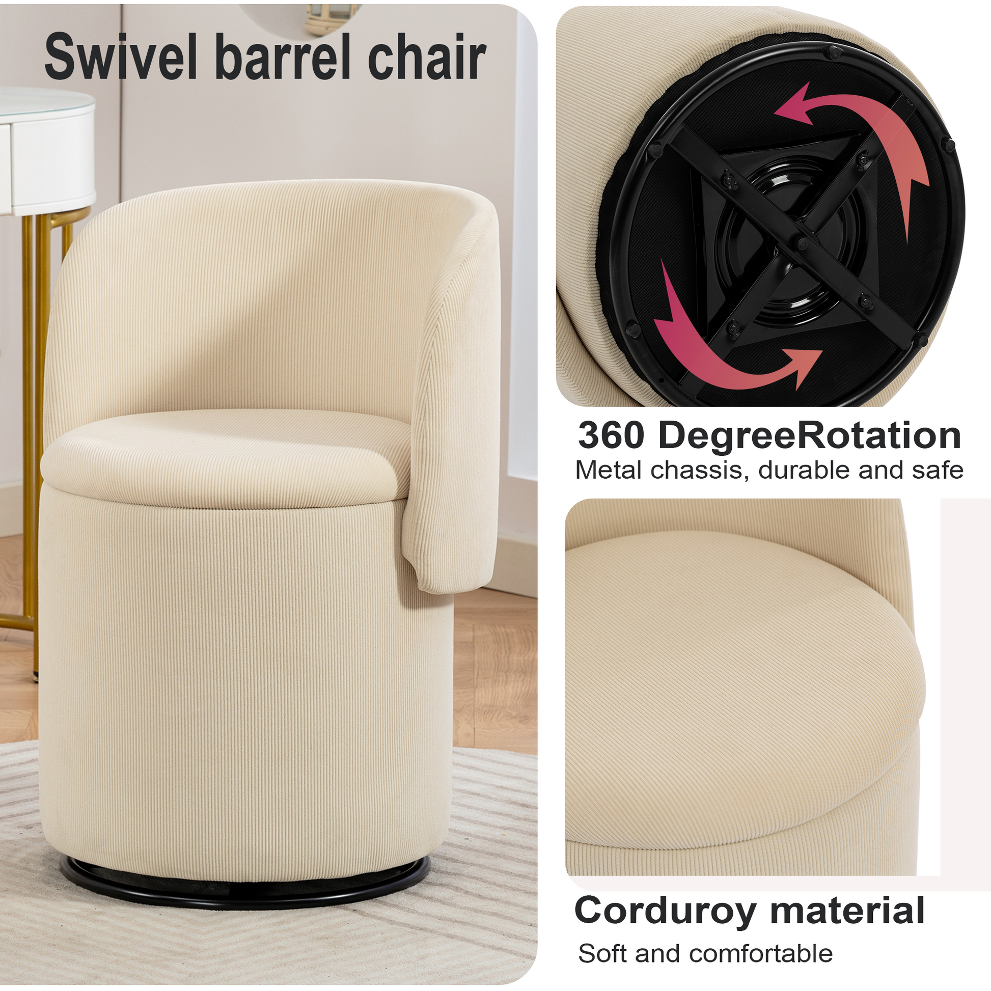 Decorative chair with storage, 360° rotating corduroy vanity & dining chair, soft padded seat, free cat bed stool included, beige, ideal for bedroom, dressing room and living room. image 4