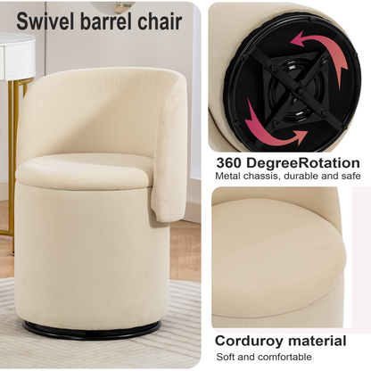 Decorative chair with storage, 360° rotating corduroy vanity & dining chair, soft padded seat, free cat bed stool included, beige, ideal for bedroom, dressing room and living room. image 4