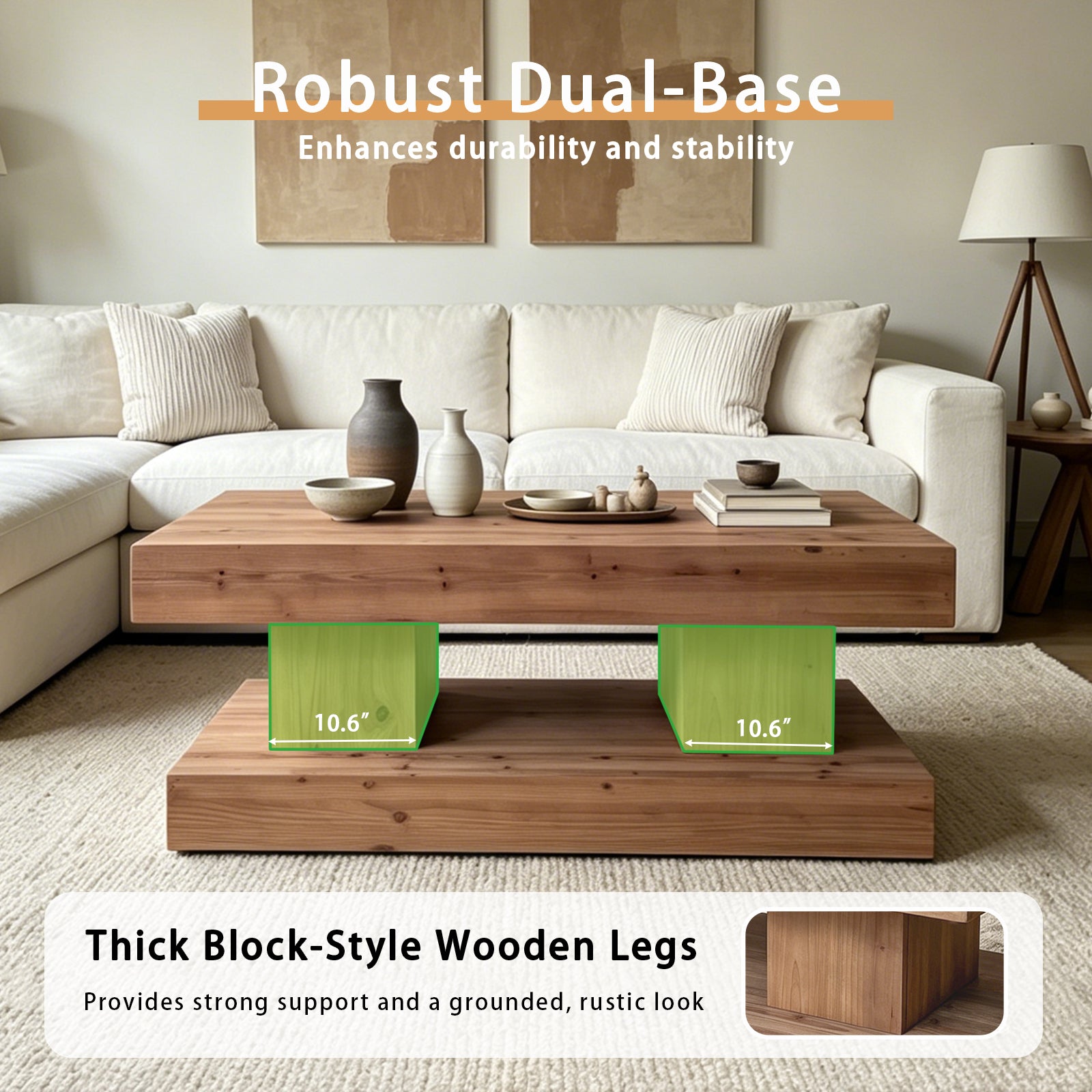 47.24"Natural solid wood coffee table with thick top and double pillar base. Classic rustic & minimalist style, sturdy and practical. image 5