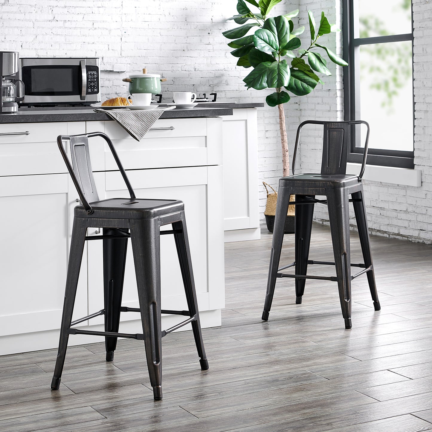 24"Metal Barstool,Country Rustic Style with Back, Kitchen Counter Bar Stool, Lightweight & Sturdy Build, Set of 4 -Matte Black image 2