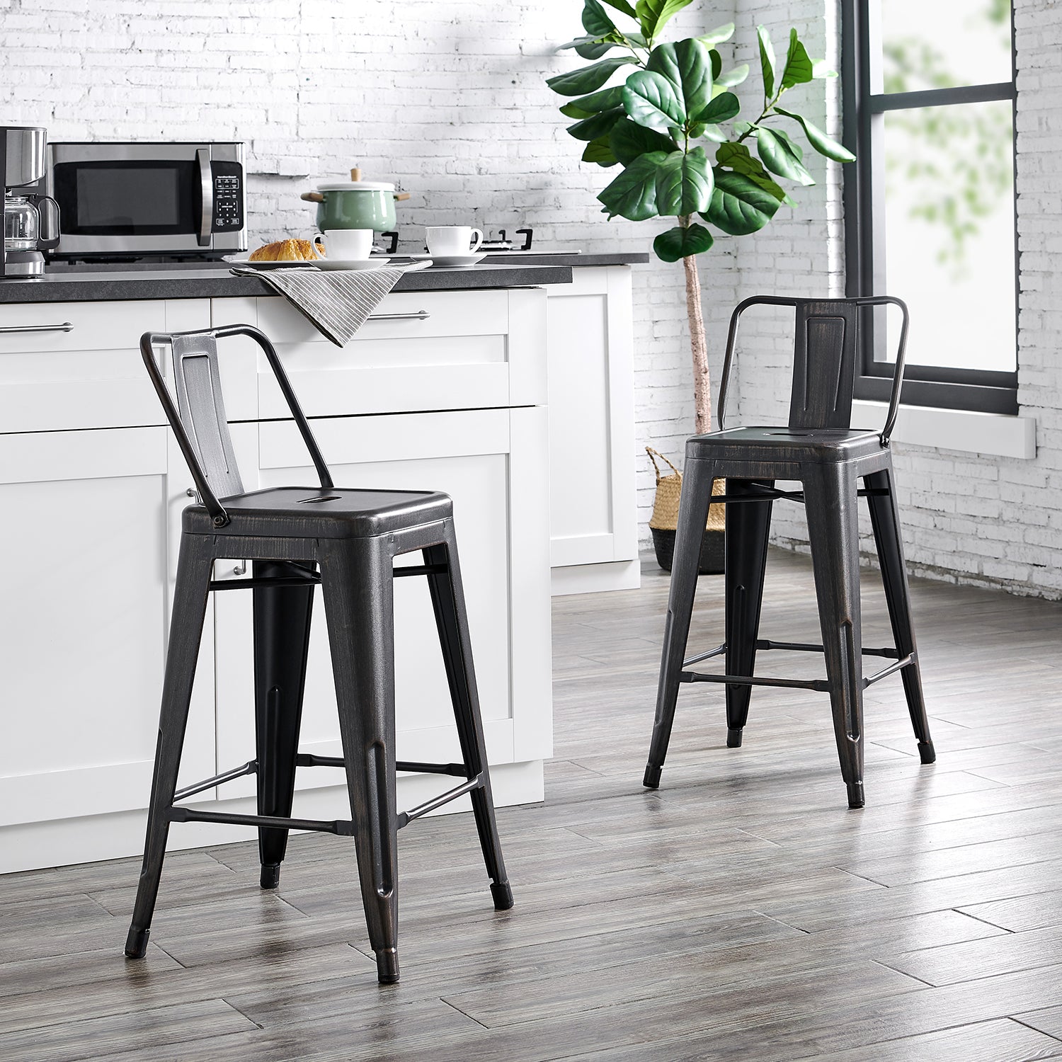 24"Metal Barstool,Country Rustic Style with Back, Kitchen Counter Bar Stool, Lightweight & Sturdy Build, Set of 4 -Matte Black image 2