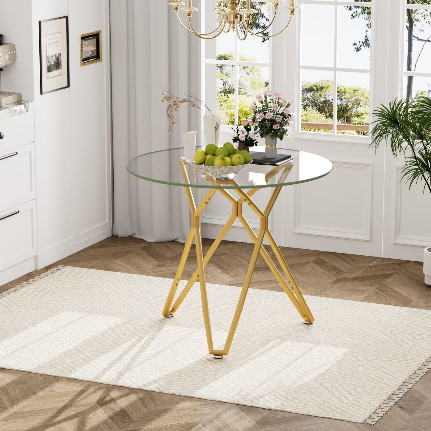 35.4-inch round tempered glass dining table, suitable for 1-4 people, space-saving small kitchen dining table, equipped with sturdy metal table legs, suitable for dining room, living room,Gold image 6