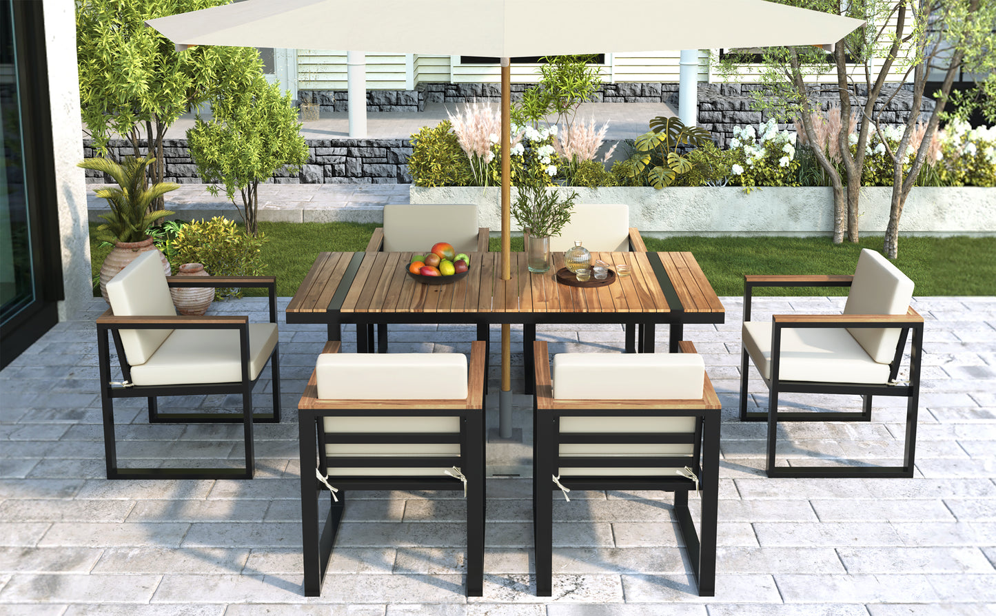 7 Pieces Outdoor Dining Set Patio Dining Table and Chair Set with and Removable Cushions for Patio, Backyard, Garden, Beige image 8