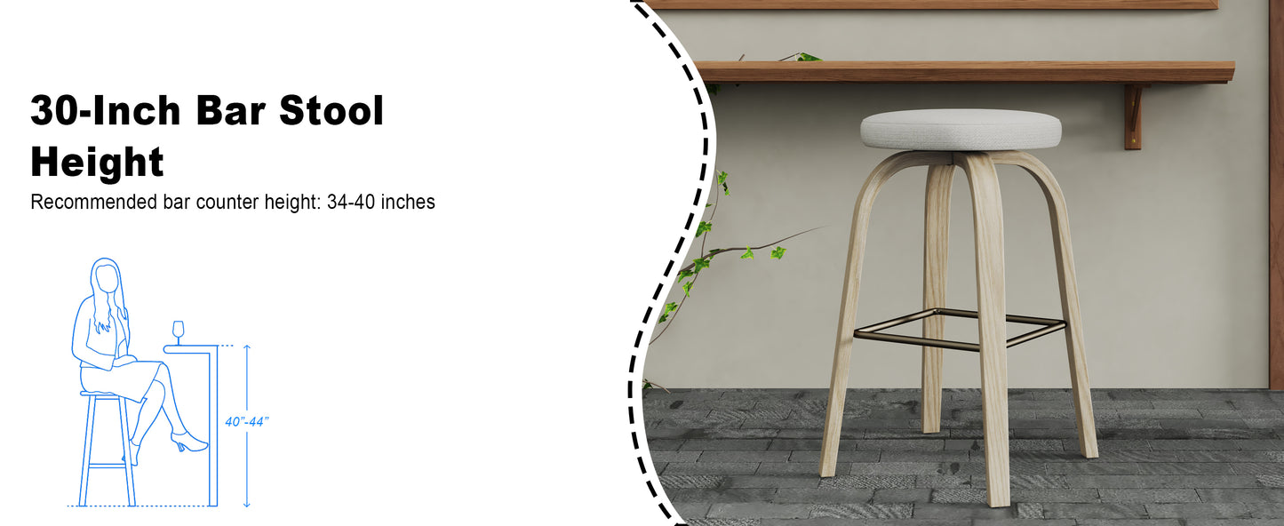 AILUNWALL Swivel Bar Stools Set of 2, Bar Height Backless 30″ Bar Stool, Fabric Upholstered Seat, Sturdy Wood Legs and Metal Footrest, Mid-Century Modern Island Stool for Home Bars, Restaurants, Beige image 8
