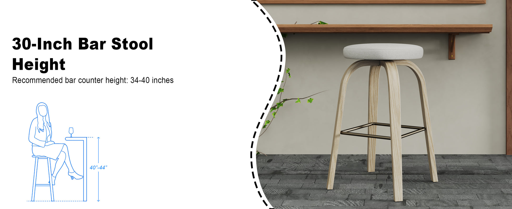 AILUNWALL Swivel Bar Stools Set of 2, Bar Height Backless 30″ Bar Stool, Fabric Upholstered Seat, Sturdy Wood Legs and Metal Footrest, Mid-Century Modern Island Stool for Home Bars, Restaurants, Beige image 8