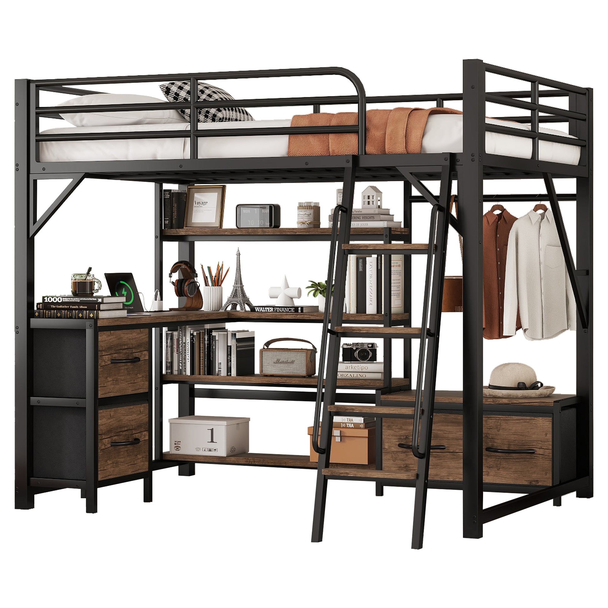 Full Size Loft Bed with Desk and Light, Metal Loft Bed with Storage Shelves, Wardrobe and Drawers for Boys Girls(Old SKU W2593S00040) image 9