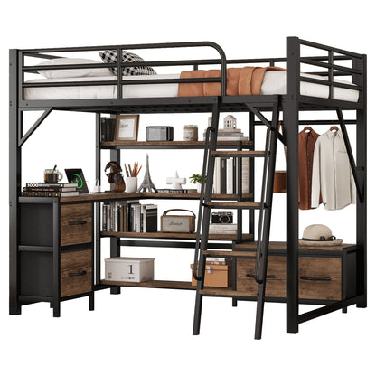 Full Size Loft Bed with Desk and Light, Metal Loft Bed with Storage Shelves, Wardrobe and Drawers for Boys Girls(Old SKU W2593S00040) image 9
