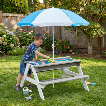 3-in-1 Kids Outdoor Wooden Picnic Table With Umbrella, Convertible Sand & Wate, Gray ASTM & CPSIA CERTIFICATION image 1